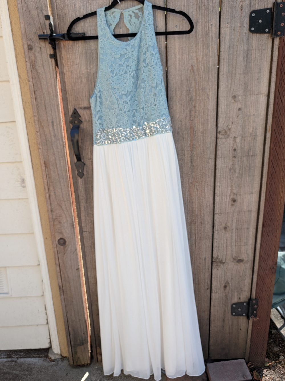 Jodi Kristopher Pale Blue Lace Bodice with White Maxi Skirt